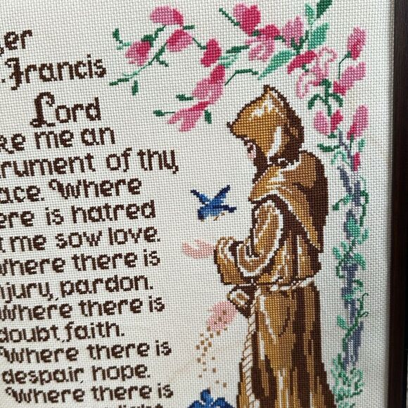 Vintage Cross Stitch Prayer of St. Francis Wall Religious Decor Framed No Glass - Picture 6 of 17